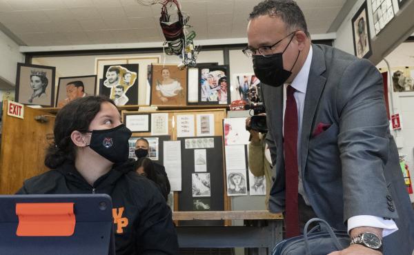 U.S. Education Secretary Miguel Cardona visits White Plains High School in White Plains, N.Y., on April 22. U.S. Education Secretary Miguel Cardona visits White Plains High School in White Plains, N.Y., on April 22.