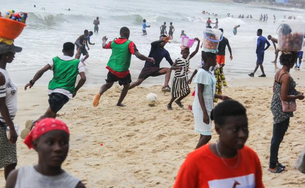 Soccer on the sand of Lumley Beach is a big Sunday pastime in Freetown, Sierra Leone. Pick-up games run up and down the shoreline. Soccer on the sand of Lumley Beach is a big Sunday pastime in Freetown, Sierra Leone. Pick-up games run up and down the shoreline.