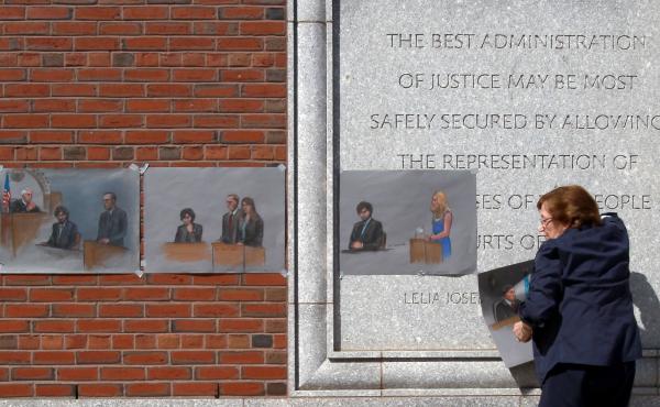 The U.S. Supreme Court will review a lower court's decision from last summer that vacated the six death sentences imposed on Boston Marathon bomber Dzhokhar Tsarnaev. Here, artist Jane Flavell Collins pulls down her courtroom sketches outside the Moakley The U.S. Supreme Court will review a lower court's decision from last summer that vacated the six death sentences imposed on Boston Marathon bomber Dzhokhar Tsarnaev. Here, artist Jane Flavell Collins pulls down her courtroom sketches outside the Moakley
