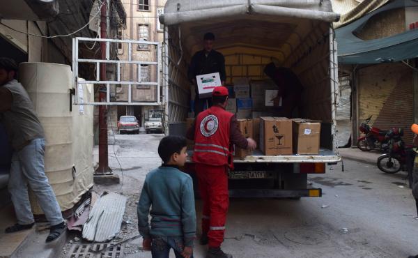 A U.N. convoy carrying aid enters Douma, a besieged town in eastern Ghouta, Syria in March. A U.N. convoy carrying aid enters Douma, a besieged town in eastern Ghouta, Syria in March.