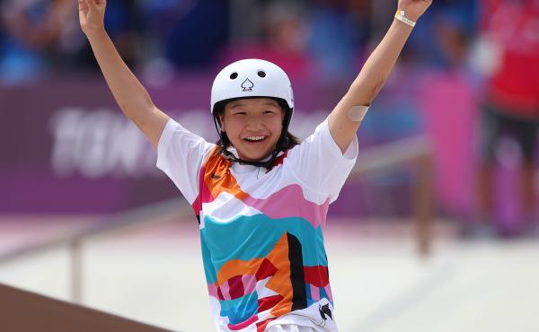 Momiji Nishiya of Team Japan celebrates during the Women's Street Final on day three of the Tokyo 2020 Olympic Games on Monday at Ariake Urban Sports Park. Momiji Nishiya of Team Japan celebrates during the Women's Street Final on day three of the Tokyo 2020 Olympic Games on Monday at Ariake Urban Sports Park.