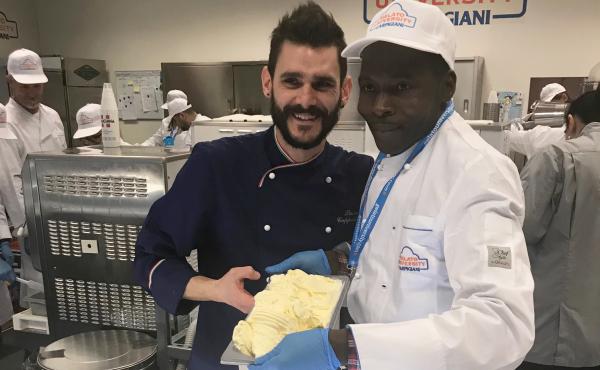 Damiao Justino Macamo, right, helped produce this batch of gelato during his first day at Carpigiani Gelato University in Bologna, Italy, with the help of instructor Luca Cappelletti. Damiao Justino Macamo, right, helped produce this batch of gelato during his first day at Carpigiani Gelato University in Bologna, Italy, with the help of instructor Luca Cappelletti.
