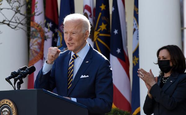 President Biden, with Vice President Harris behind him, speaks about the American Rescue Plan in the Rose Garden of the White House on Friday. President Biden, with Vice President Harris behind him, speaks about the American Rescue Plan in the Rose Garden of the White House on Friday.