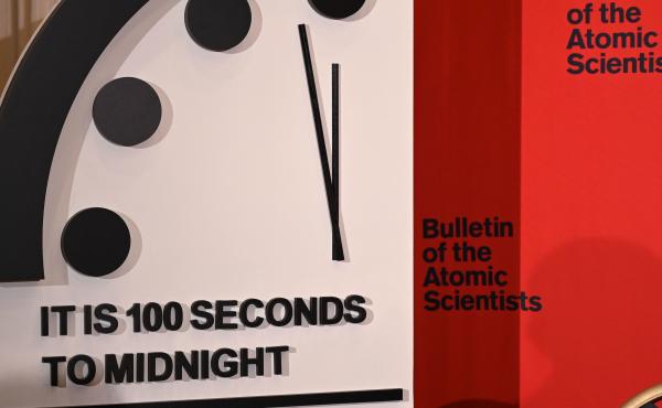The Doomsday Clock reads 100 seconds to midnight, a decision made by the Bulletin of the Atomic Scientists that was announced Thursday. The clock is intended to represent the danger of global catastrophe. The Doomsday Clock reads 100 seconds to midnight, a decision made by the Bulletin of the Atomic Scientists that was announced Thursday. The clock is intended to represent the danger of global catastrophe.