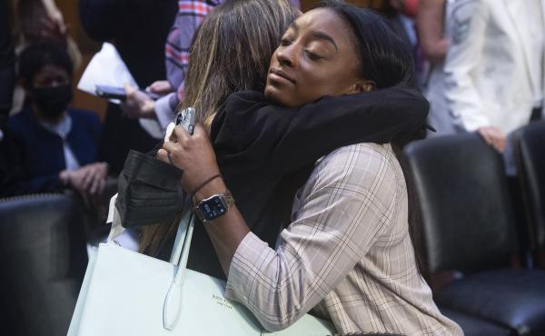 United States gymnasts Kaylee Lorincz and Simone Biles hug after a Senate Judiciary hearing about the Inspector General's report on the FBI's handling of the Larry Nassar investigation on Sept. 15, 2021. United States gymnasts Kaylee Lorincz and Simone Biles hug after a Senate Judiciary hearing about the Inspector General's report on the FBI's handling of the Larry Nassar investigation on Sept. 15, 2021.