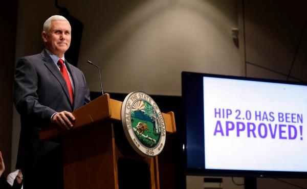 Indiana Gov. Mike Pence announces in 2015 that the federal Centers for Medicare and Medicaid Services approved the state's waiver request to expand Medicaid coverage. Indiana Gov. Mike Pence announces in 2015 that the federal Centers for Medicare and Medicaid Services approved the state's waiver request to expand Medicaid coverage.