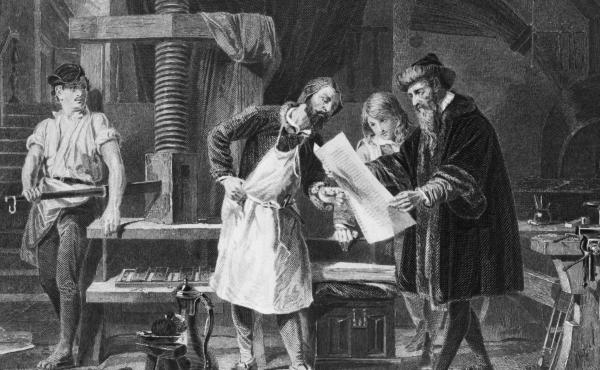 An illustration depicting Johannes Gutenberg taking the first proof off his printing press. An illustration depicting Johannes Gutenberg taking the first proof off his printing press.