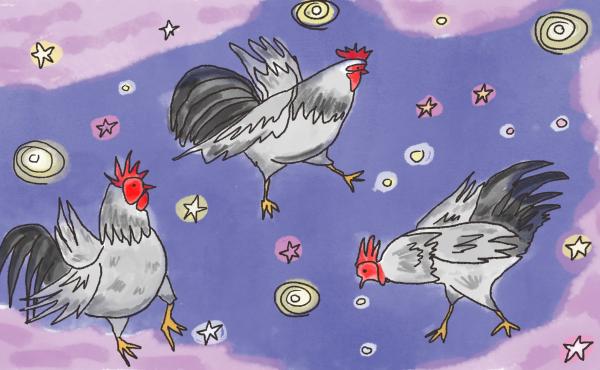 Roosters floating in the celestial sky Roosters floating in the celestial sky