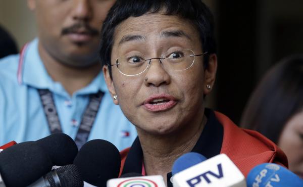 Journalist Maria Ressa talks to reporters on March 29, 2019, after posting bail at a trial court in Metro Manila, Philippines. This Friday, the 2021 Nobel Peace Prize was awarded to Ressa and journalist Dmitry Muratov for the fight for freedom of expressi Journalist Maria Ressa talks to reporters on March 29, 2019, after posting bail at a trial court in Metro Manila, Philippines. This Friday, the 2021 Nobel Peace Prize was awarded to Ressa and journalist Dmitry Muratov for the fight for freedom of expressi