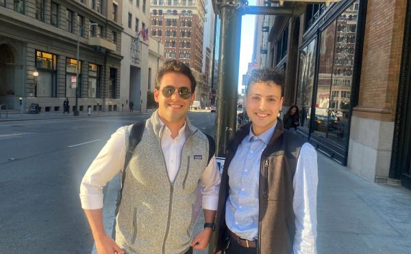 Faris Ajluni (right) land Jose Nazario pose in their vests in downtown San Francisco. Faris Ajluni (right) land Jose Nazario pose in their vests in downtown San Francisco.