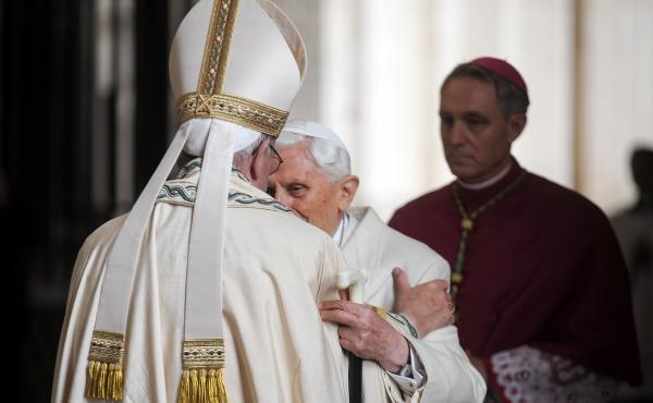 Pope Francis meets Pope Emeritus Benedict XVI prior to the opening of the Holy Door of St. Peter's Basilica on Dec. 8, 2015 in Vatican City, Vatican. Pope Francis meets Pope Emeritus Benedict XVI prior to the opening of the Holy Door of St. Peter's Basilica on Dec. 8, 2015 in Vatican City, Vatican.
