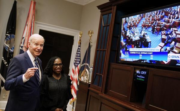 President Joe Biden and Judge Ketanji Brown Jackson watch the Senate vote on Judge Brown's nomination to the Supreme Court in the Roosevelt Room of the White House on Thursday. President Joe Biden and Judge Ketanji Brown Jackson watch the Senate vote on Judge Brown's nomination to the Supreme Court in the Roosevelt Room of the White House on Thursday.