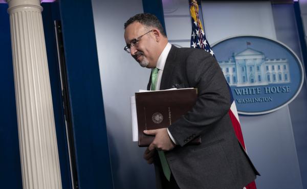 U.S. Education Secretary Miguel Cardona, pictured here in March, begins a back-to-school tour of the Midwest on Monday. U.S. Education Secretary Miguel Cardona, pictured here in March, begins a back-to-school tour of the Midwest on Monday.