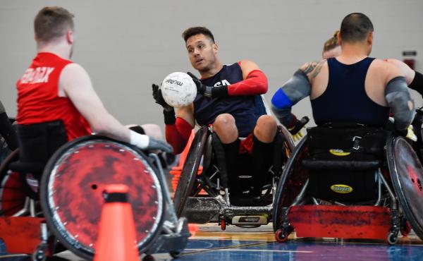 Joe Delagrave (c) is co-captain of the USA Wheelchair Rugby team. The squad was practicing at a recent training camp in Birmingham, Ala. at the U.S. Olympic and Paralympic Training site. Joe Delagrave (c) is co-captain of the USA Wheelchair Rugby team. The squad was practicing at a recent training camp in Birmingham, Ala. at the U.S. Olympic and Paralympic Training site.
