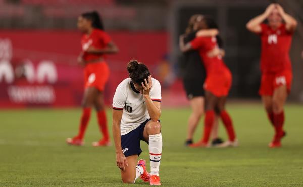Carli Lloyd of the U.S. women's soccer team looks dejected after Monday's defeat in the semifinal match against Canada at the Tokyo Olympics. Carli Lloyd of the U.S. women's soccer team looks dejected after Monday's defeat in the semifinal match against Canada at the Tokyo Olympics.