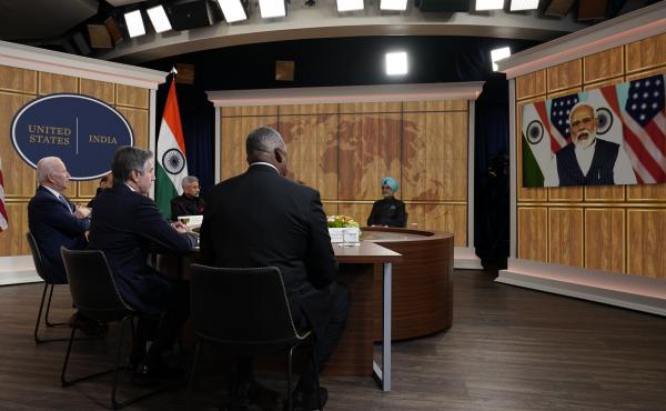President Biden meets virtually with Indian Prime Minister Narendra Modi in the South Court Auditorium on the White House campus in Washington on Monday. President Biden meets virtually with Indian Prime Minister Narendra Modi in the South Court Auditorium on the White House campus in Washington on Monday.
