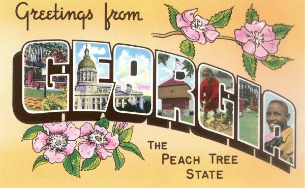 A vintage postcard from the Peach Tree State. Georgia isn't the biggest producer of the pink-orange fruit. So why are its peaches so iconic? The answer has a lot to do with slavery — its end and a need for the South to rebrand itself. A vintage postcard from the Peach Tree State. Georgia isn't the biggest producer of the pink-orange fruit. So why are its peaches so iconic? The answer has a lot to do with slavery — its end and a need for the South to rebrand itself.