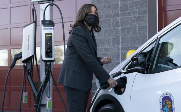 Vice President Harris charges an electric vehicle during a tour of the Brandywine Maintenance Facility in Prince George's County, Md. There, she highlighted electric vehicle investments. Vice President Harris charges an electric vehicle during a tour of the Brandywine Maintenance Facility in Prince George's County, Md. There, she highlighted electric vehicle investments.