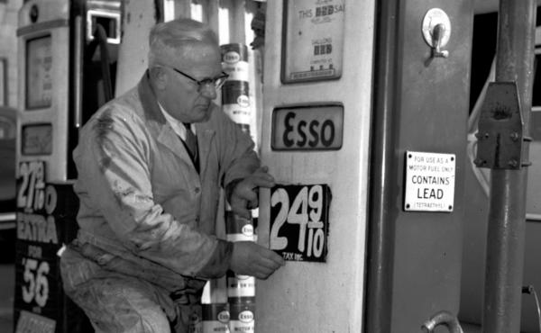 In December 1955, a man posts a price for leaded gasoline at a station in Everett, Massachusetts. The United Nations said on Monday that the world is no longer using the toxic fuel, bringing an end to a century of damaging pollution. In December 1955, a man posts a price for leaded gasoline at a station in Everett, Massachusetts. The United Nations said on Monday that the world is no longer using the toxic fuel, bringing an end to a century of damaging pollution.