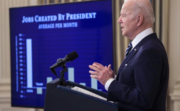 President Biden showed off a chart comparing strong job creation during his first year to that of previous presidents. But economists say surging inflation is top of mind to voters. President Biden showed off a chart comparing strong job creation during his first year to that of previous presidents. But economists say surging inflation is top of mind to voters.