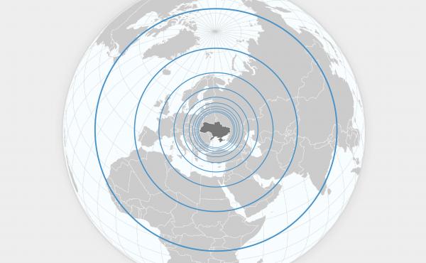 A globe, centered on Ukraine with ripples emanating outwards around the world. A globe, centered on Ukraine with ripples emanating outwards around the world.