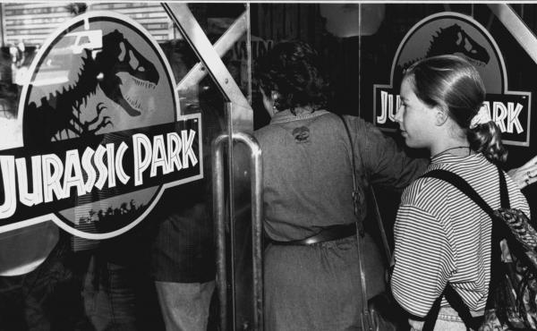 A crowd entering the theater to see Jurassic Park, photographed on October 5, 1993. A crowd entering the theater to see Jurassic Park, photographed on October 5, 1993.
