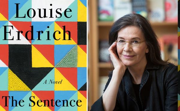 Author Louise Erdrich next the cover of her new book, The Sentence. Author Louise Erdrich next the cover of her new book, The Sentence.