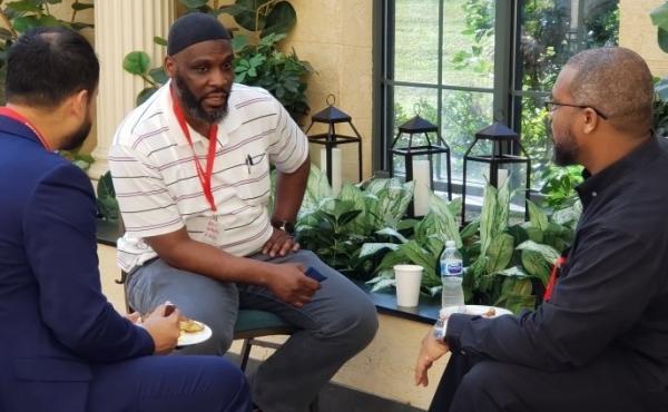 Abdul Muhaymin al-Salim (center), a 49-year-old who was formerly incarcerated on drug charges, works at the Tayba Foundation, where he mentors incarcerated Muslims. Abdul Muhaymin al-Salim (center), a 49-year-old who was formerly incarcerated on drug charges, works at the Tayba Foundation, where he mentors incarcerated Muslims.