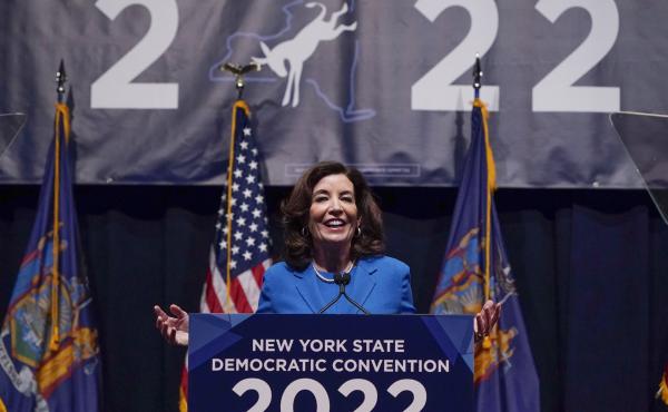 New York Gov. Kathy Hochul speaks during the New York State Democratic Convention. New York Gov. Kathy Hochul speaks during the New York State Democratic Convention.