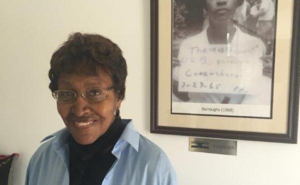Civil rights "foot soldier" Theresa Burroughs in 2016, in front of a photo of the day she was arrested in 1965. Burroughs has died at age 89. Civil rights "foot soldier" Theresa Burroughs in 2016, in front of a photo of the day she was arrested in 1965. Burroughs has died at age 89.