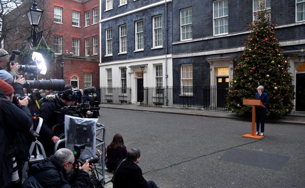 U.K. Prime Minister Theresa May faces a vote on her leadership Wednesday, as debate rages over how the U.K. should exit the European Union. She spoke about the vote to the media outside No. 10 Downing St. in London. U.K. Prime Minister Theresa May faces a vote on her leadership Wednesday, as debate rages over how the U.K. should exit the European Union. She spoke about the vote to the media outside No. 10 Downing St. in London.