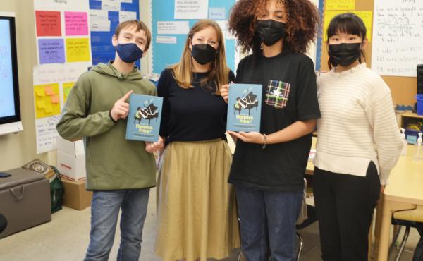 Three of the student authors of Who Is Florence Price? (left to right: Sebastián Núñez, Hazel Peebles and Sophia Shao), joined by their English teacher, Shannon Potts. Three of the student authors of Who Is Florence Price? (left to right: Sebastián Núñez, Hazel Peebles and Sophia Shao), joined by their English teacher, Shannon Potts.