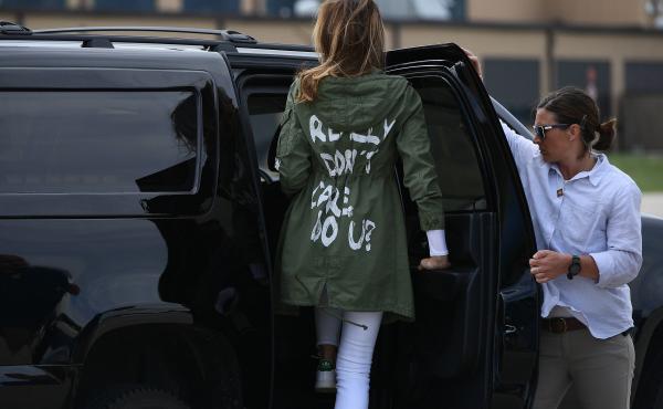 First lady Melania Trump leaves Joint Base Andrews in Maryland wearing a jacket with the words "I REALLY DON'T CARE. DO U?" after her visit Thursday with migrant children who are being detained at the U.S.-Mexico border. First lady Melania Trump leaves Joint Base Andrews in Maryland wearing a jacket with the words "I REALLY DON'T CARE. DO U?" after her visit Thursday with migrant children who are being detained at the U.S.-Mexico border.
