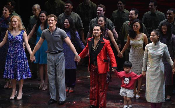 The cast of "Miss Saigon" takes part in the curtain call on opening night at the Broadway Theatre on March 23, 2017 in New York City. The cast of "Miss Saigon" takes part in the curtain call on opening night at the Broadway Theatre on March 23, 2017 in New York City.