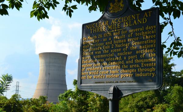 A historical sign memorializes the March 28, 1979, partial meltdown at Three Mile Island nuclear power plant. A historical sign memorializes the March 28, 1979, partial meltdown at Three Mile Island nuclear power plant.