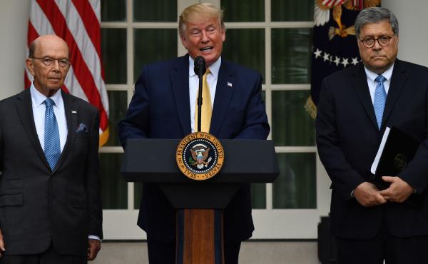 President Trump, flanked by Secretary of Commerce Wilbur Ross (left) and Attorney General William Barr, delivers remarks on citizenship and the census in the Rose Garden at the White House on Thursday. President Trump, flanked by Secretary of Commerce Wilbur Ross (left) and Attorney General William Barr, delivers remarks on citizenship and the census in the Rose Garden at the White House on Thursday.