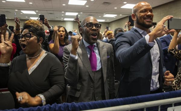 Supporters of President Trump cheer as he arrives to launch Black Voices for Trump at an Atlanta event. Supporters of President Trump cheer as he arrives to launch Black Voices for Trump at an Atlanta event.