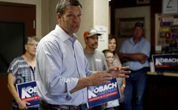 Kansas Secretary of State Kris Kobach and candidate for the Republican nomination for Kansas Governor addresses supporters during a campaign stop. Kansas Secretary of State Kris Kobach and candidate for the Republican nomination for Kansas Governor addresses supporters during a campaign stop.