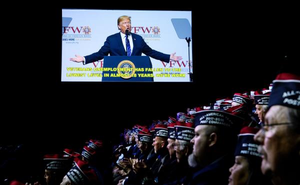 President Donald Trump seen on a video screen as he speaks at the 119th Veterans of Foreign Wars National Convention, Tuesday in Kansas City, Mo. President Donald Trump seen on a video screen as he speaks at the 119th Veterans of Foreign Wars National Convention, Tuesday in Kansas City, Mo.