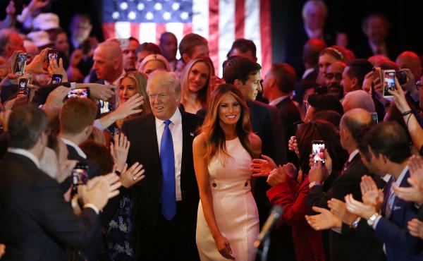 Donald Trump and his wife, Melania, arrive to speak to supporters at Trump Tower in New York following his victory in Indiana Tuesday. Improbably, Trump is now assured of being the GOP nominee. Donald Trump and his wife, Melania, arrive to speak to supporters at Trump Tower in New York following his victory in Indiana Tuesday. Improbably, Trump is now assured of being the GOP nominee.