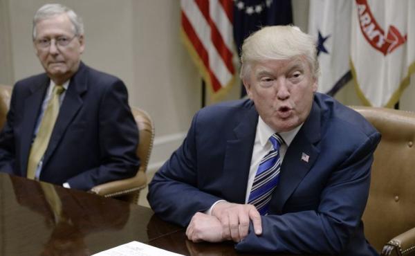President Trump speaks as Senate Majority Leader Mitch McConnell, R-Ky., looks on during a meeting with House and Senate leadership at the White House back in June. President Trump speaks as Senate Majority Leader Mitch McConnell, R-Ky., looks on during a meeting with House and Senate leadership at the White House back in June.