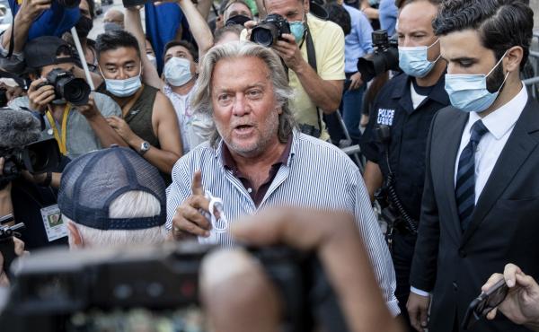 Steve Bannon leaves federal court on Aug. 20 after pleading not guilty to charges he defrauded donors to an online fundraising scheme to build a southern border wall. Steve Bannon leaves federal court on Aug. 20 after pleading not guilty to charges he defrauded donors to an online fundraising scheme to build a southern border wall.
