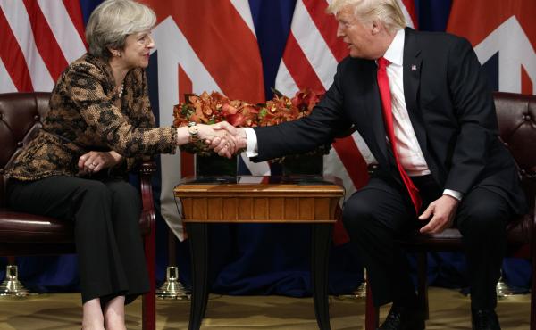 President Trump shakes hands with British Prime Minister Theresa May during their meeting at the Palace Hotel during the United Nations General Assembly in September. President Trump shakes hands with British Prime Minister Theresa May during their meeting at the Palace Hotel during the United Nations General Assembly in September.