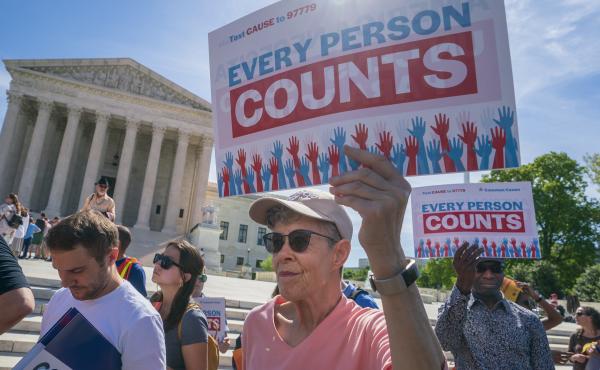Demonstrators rally outside the U.S. Supreme Court in April 2019 to protest against the Trump administration's efforts to add the now-blocked citizenship question to the 2020 census. Demonstrators rally outside the U.S. Supreme Court in April 2019 to protest against the Trump administration's efforts to add the now-blocked citizenship question to the 2020 census.