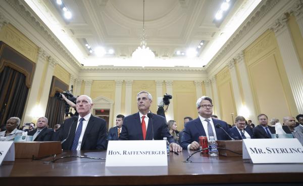 (L-R) Rusty Bowers, Arizona House Speaker; Brad Raffensperger, Georgia Secretary of State; and Gabriel Sterling, Georgia Secretary of State Chief Operating Officer, appear for testimony during the fourth hearing. (L-R) Rusty Bowers, Arizona House Speaker; Brad Raffensperger, Georgia Secretary of State; and Gabriel Sterling, Georgia Secretary of State Chief Operating Officer, appear for testimony during the fourth hearing.