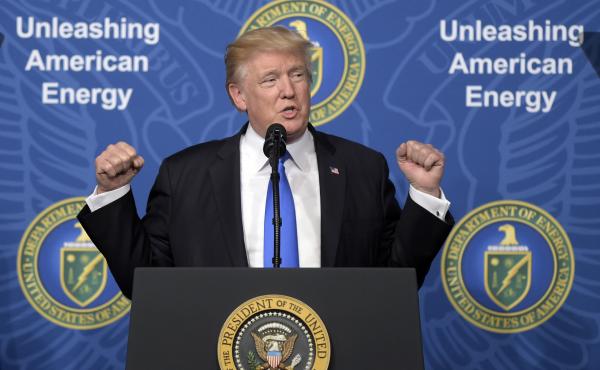 President Trump speaking at the "Unleashing American Energy" event at the Department of Energy in June 2017. Trump said he wants to reorient toward "American energy dominance." President Trump speaking at the "Unleashing American Energy" event at the Department of Energy in June 2017. Trump said he wants to reorient toward "American energy dominance."