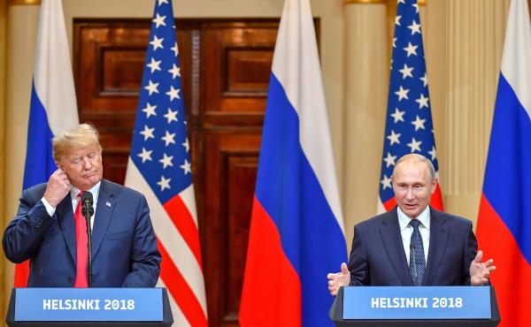 Presidents Trump and Vladimir Putin hold a joint news conference after a meeting at the Presidential Palace in Helsinki on Monday. Presidents Trump and Vladimir Putin hold a joint news conference after a meeting at the Presidential Palace in Helsinki on Monday.