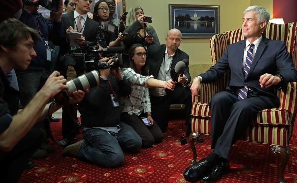 Supreme Court nominee, Judge Neil Gorsuch, faces members of the media while meeting with Sen. Joe Manchin, D-W.Va., in his Senate office. Supreme Court nominee, Judge Neil Gorsuch, faces members of the media while meeting with Sen. Joe Manchin, D-W.Va., in his Senate office.