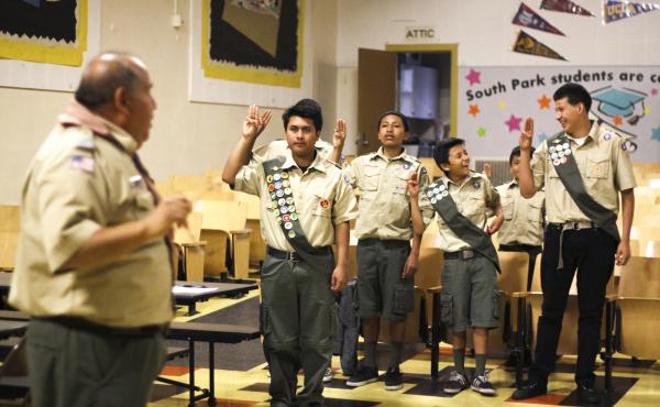 Romy Vasquez leads the boys in drills ahead of an upcoming Eagle Scout ceremony. Romy Vasquez leads the boys in drills ahead of an upcoming Eagle Scout ceremony.
