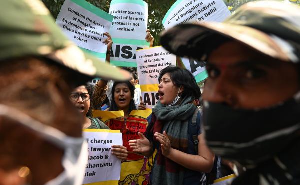 Demonstrators in New Delhi shout slogans during a protest against the arrest of climate change activist Disha Ravi for allegedly helping to create a guide for anti-government farmers protests. Demonstrators in New Delhi shout slogans during a protest against the arrest of climate change activist Disha Ravi for allegedly helping to create a guide for anti-government farmers protests.